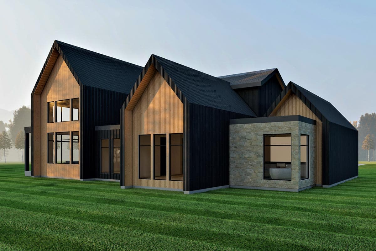 House plan exterior with modern gables, wood and stone facade, and dark metal roof.