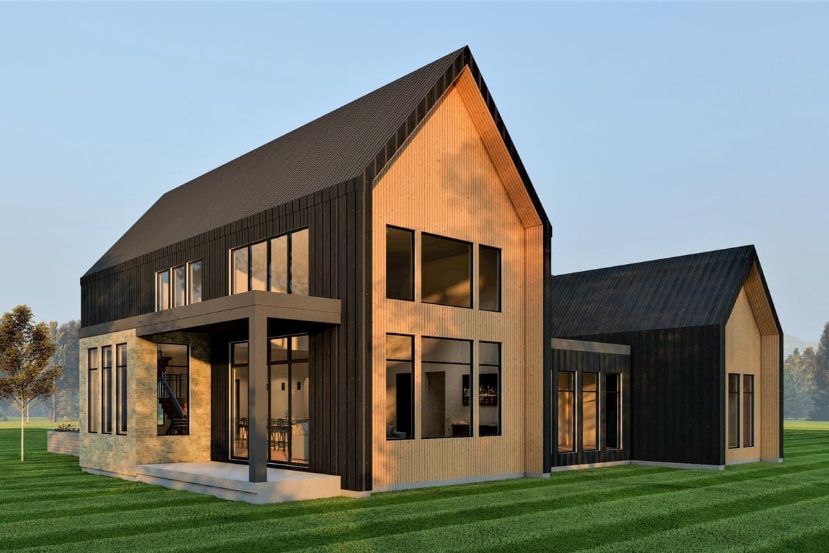 Modern house plan exterior with vertical wood siding, stone accents, gabled roof, and large windows.