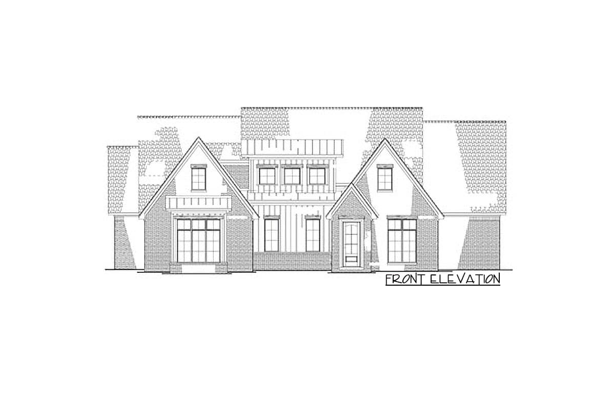 Front elevation drawing of a two-story house plan with gables, dormers, and large windows.
