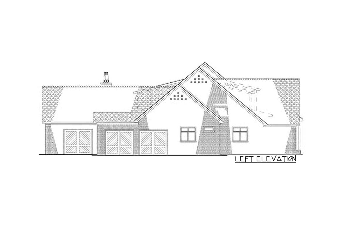 Left elevation house plan drawing showing a house with two garages, multiple gables, and a chimney.
