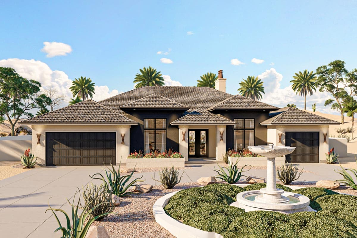 House plan exterior. Ranch style with a low-pitched roof, symmetrical facade, and two attached garages. Features a fountain in the foreground.
