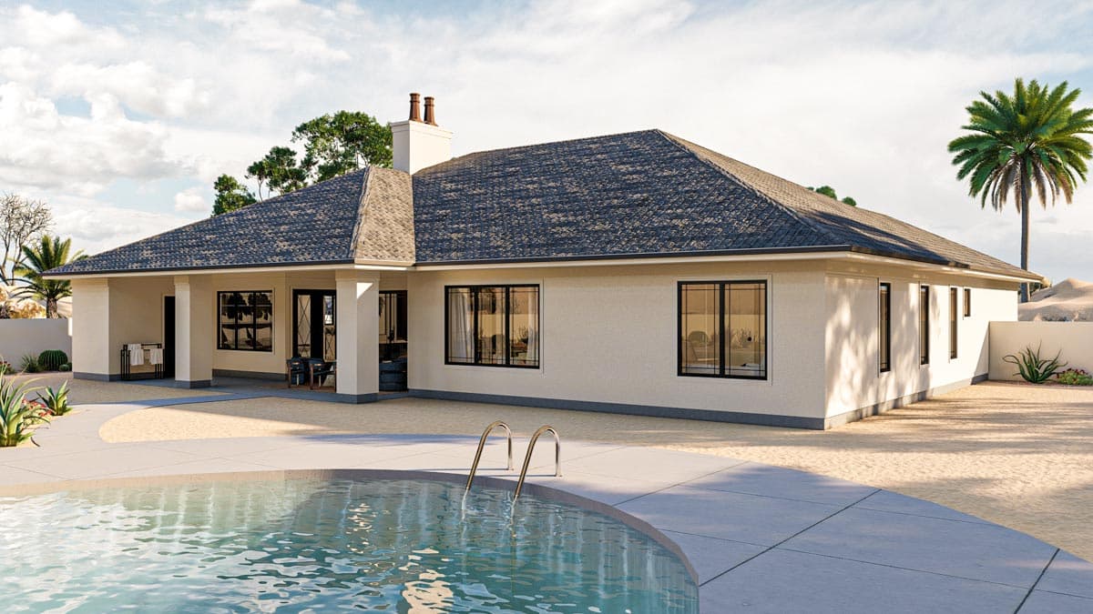 Ranch house plan exterior with a covered porch, prominent gables, and dual chimney stacks.