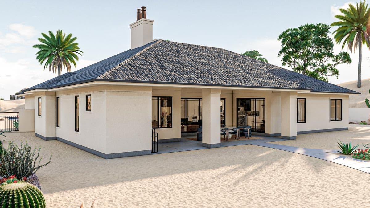 House plan exterior: single-story ranch with hipped roof, prominent chimney, and covered patio with large windows.