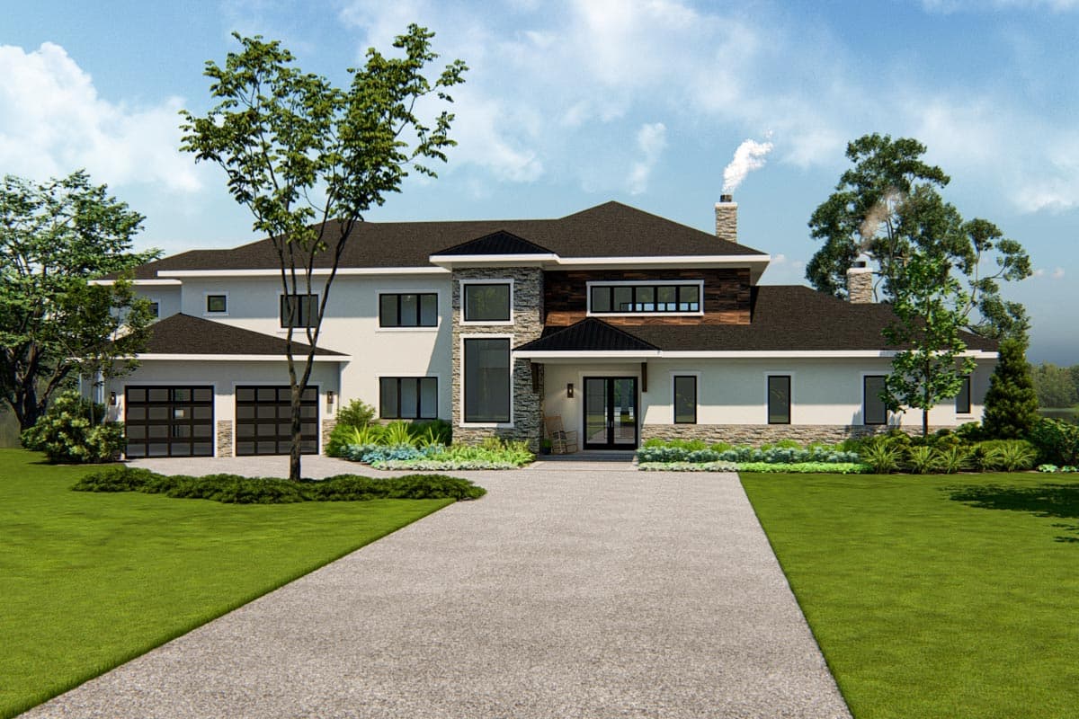 Modern house plan exterior with two-car garage, stone accents, wood siding, multiple gables, and prominent chimneys.