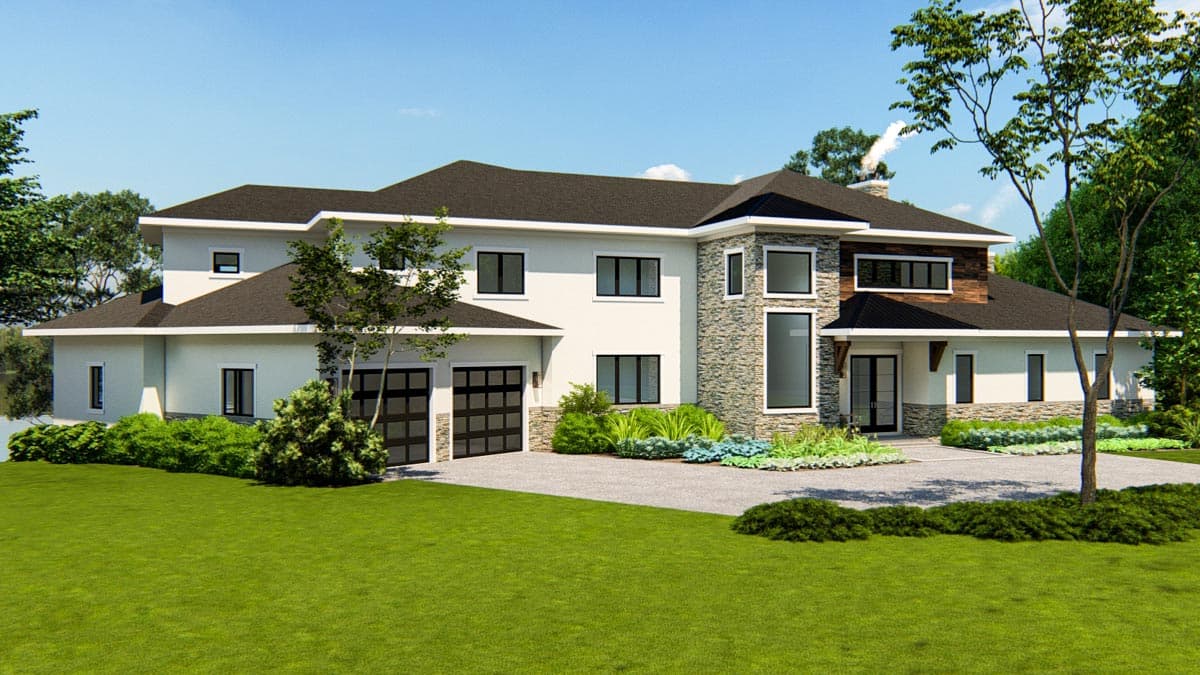 House plan exterior: two-story modern residence with stone accents, multiple gables, and a two-car garage.