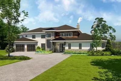 Sprawling 4-Bed Modern Prairie Home Plan Ideal for Lot with Rear Views