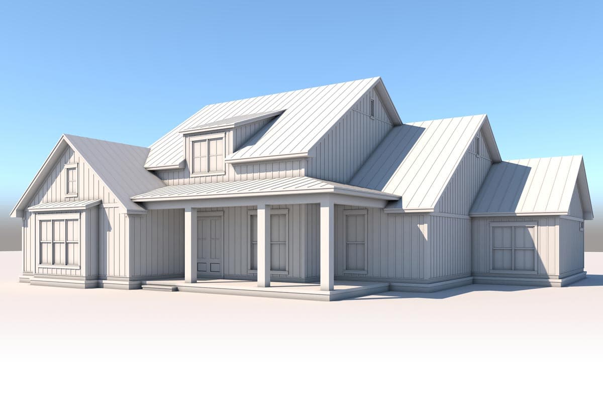 Modern Farmhouse style house plan exterior, two stories, with a covered porch, prominent gables, and a metal roof.