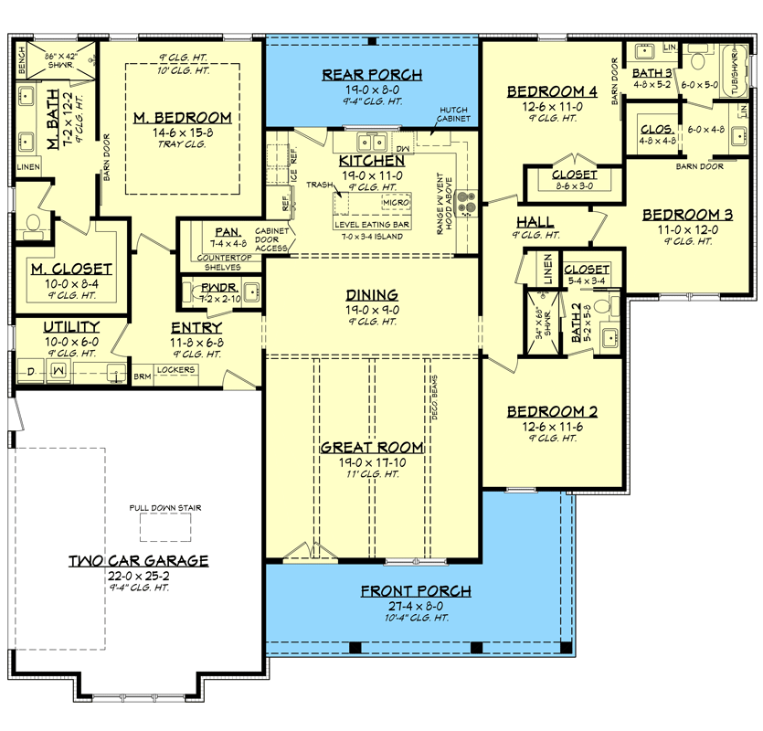 Plan 51913HZ: 4-Bedroom Modern Farmhouse Plan with Wraparound Front Porch - Floor Plan - Main Level - Cottage, Country, Farmhouse, Modern Farmhouse, New American, Ranch