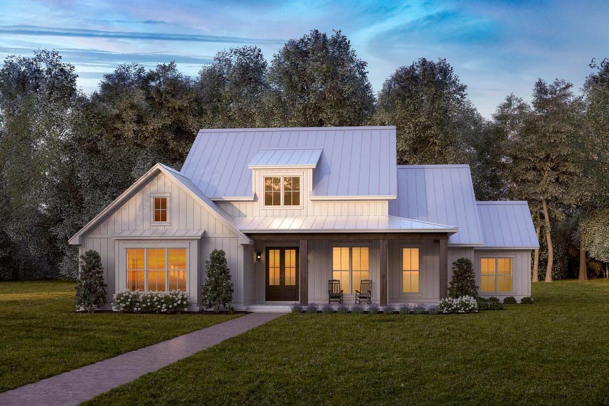 House plan exterior: Modern Farmhouse style, two stories, metal roof, gabled dormer, covered porch with square columns, and board and batten siding.