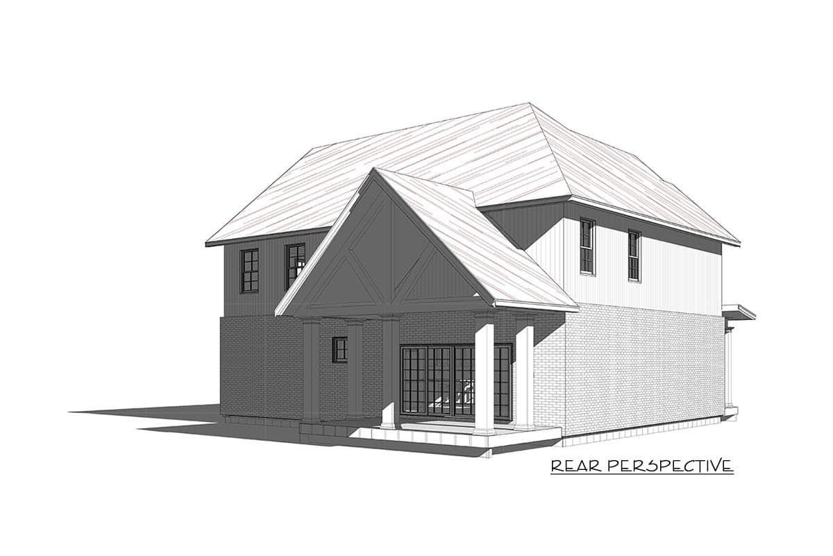 House plan exterior: Two-story home with brick lower level, gabled entry porch with exposed rafter detail, and metal roof.