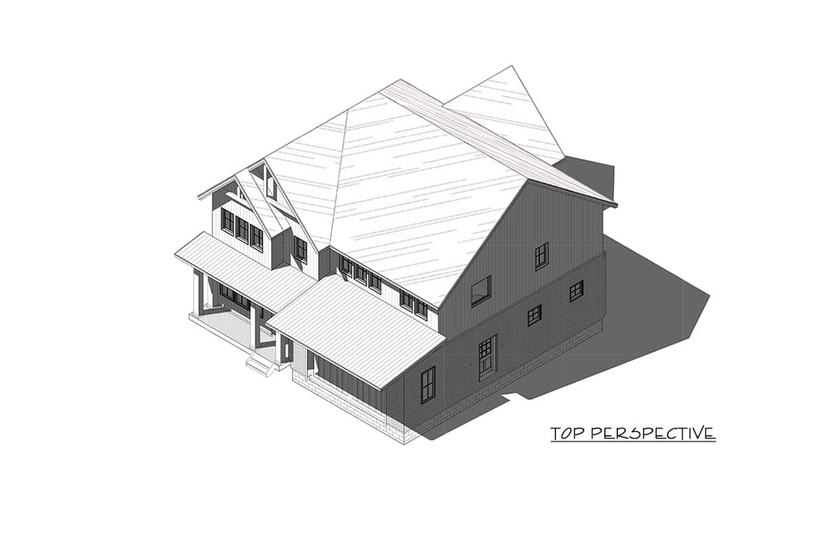 Architectural house plan exterior perspective with prominent gables, a wraparound porch, and complex rooflines.