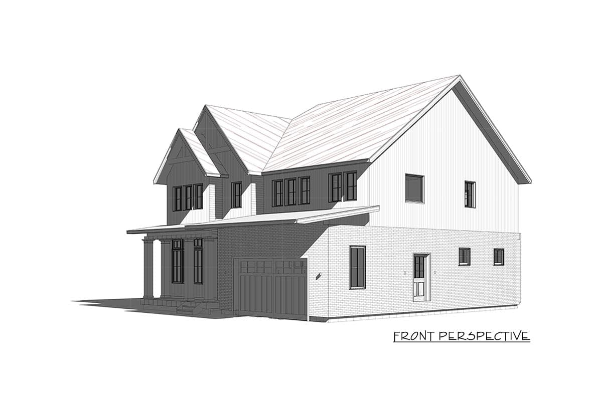 House plan exterior: Two-story home with gabled dormers, brick base, front porch with columns, and metal roof.