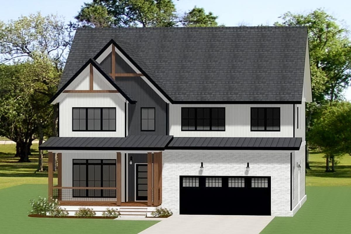 House plan exterior: Modern Farmhouse style, two-story home. Features include a front porch, gables, and a two-car garage.