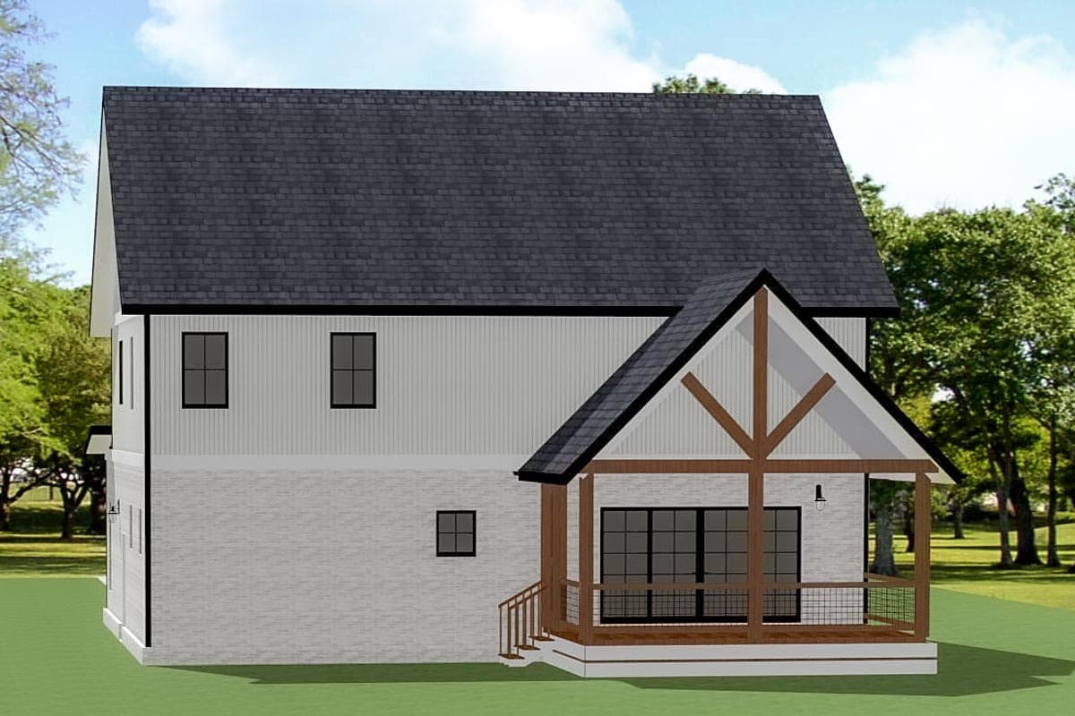House plan exterior: Two-story Modern Farmhouse with gabled entry porch, white brick lower level, and vertical siding upper level.