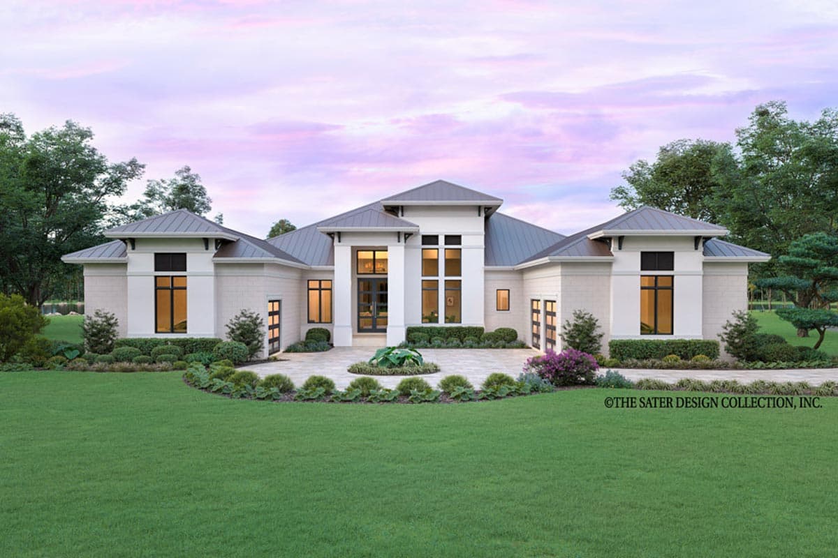 House plan exterior. Modern style, single-story home. Features include multiple gabled rooflines, large windows, and a portico-style entry.