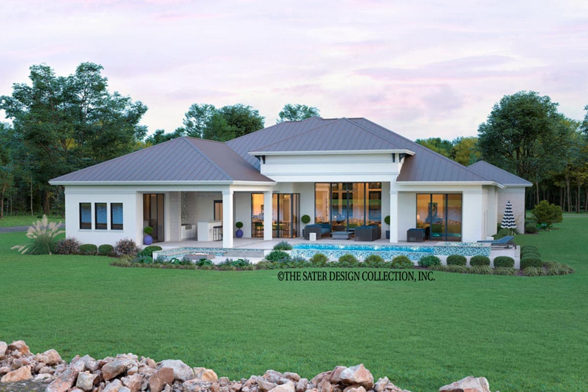 House plan exterior: Single-story home with hipped roof, covered patio with outdoor kitchen, and large glass doors opening to a pool.