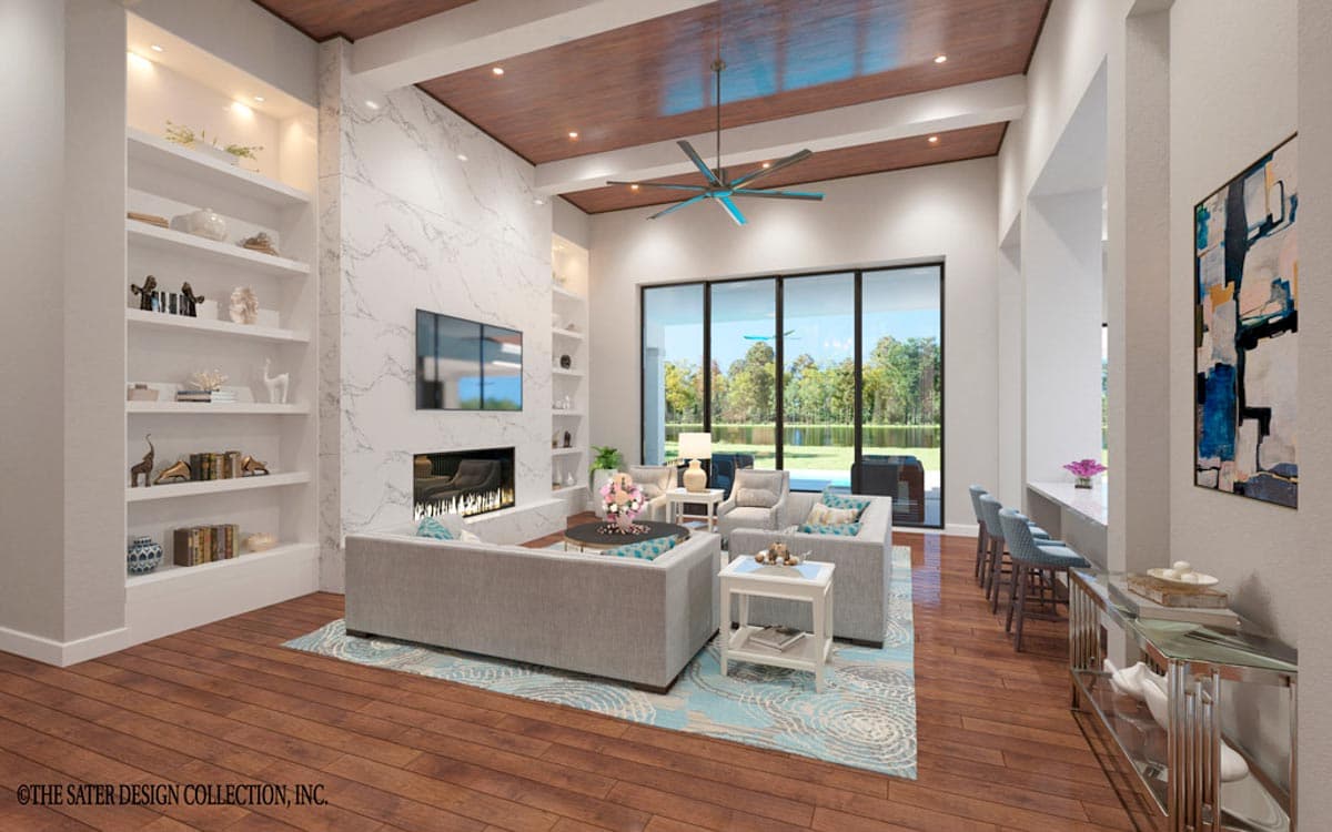 Interior rendering of a living room with a marble fireplace, built-in shelves, vaulted wood ceiling, and large windows.