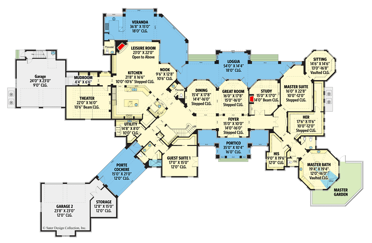 Plan 340104STR: 4-bed Luxury Home Plan with Two 2-car Garages and a Home Theater - Floor Plan - Main Level - European, Hill Country, Mediterranean