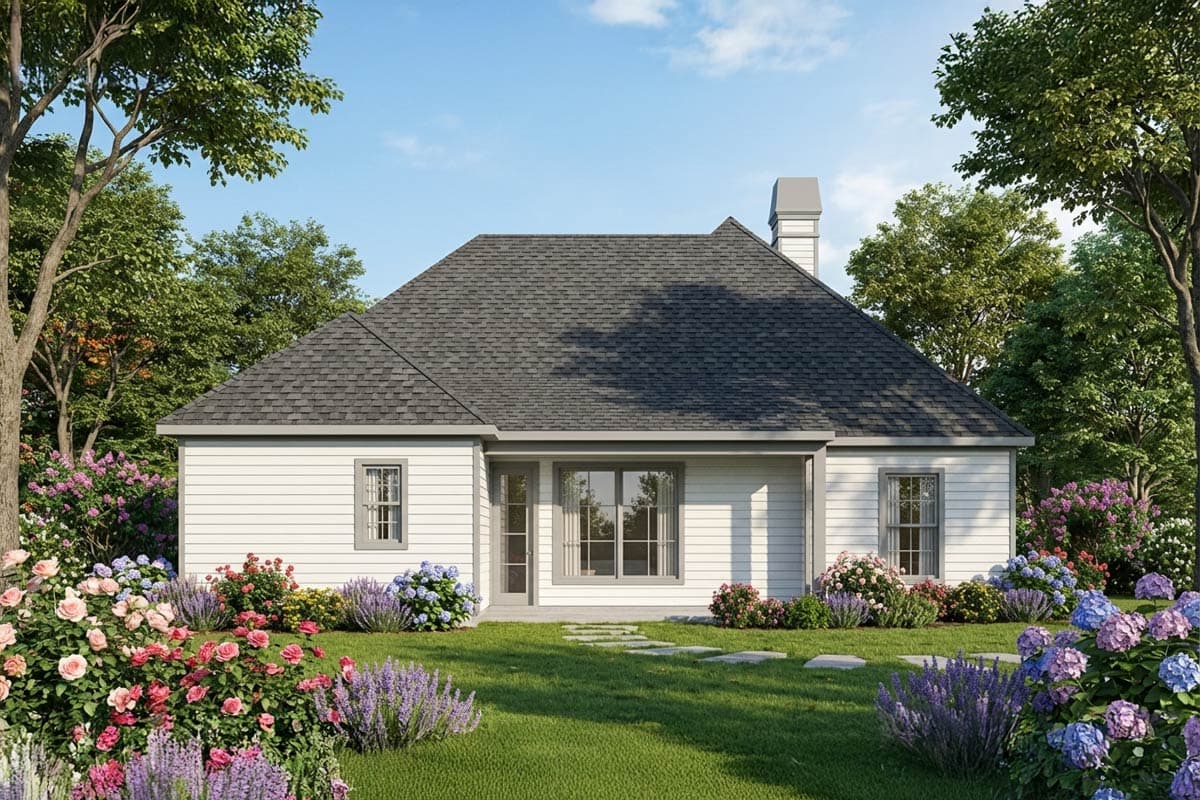 House plan exterior, one-story Modern Farmhouse style with pitched roof, gable, chimney, and large windows.