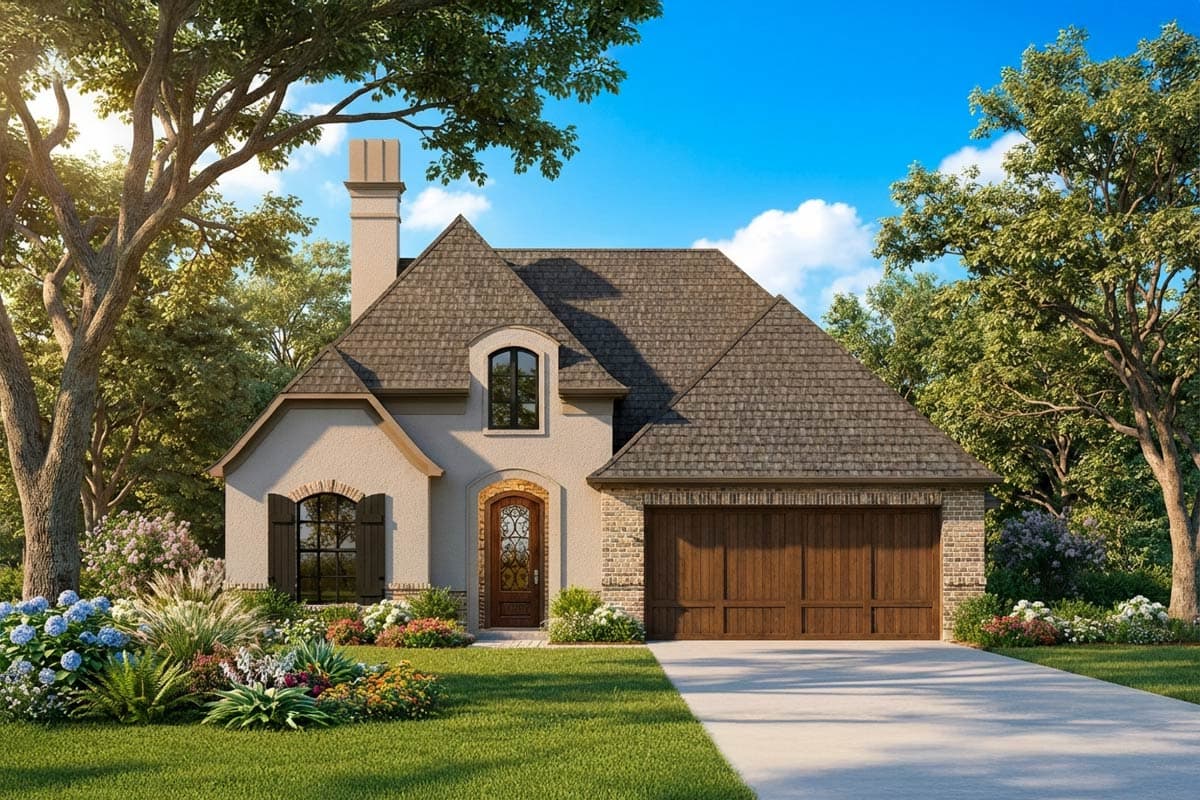 A rendered image of a luxury house with a brick and wood exterior, surrounded by trees and colorful flower beds under a blue sky.