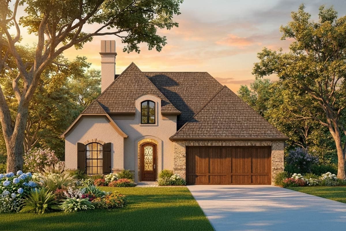 House plan exterior: French Country style, one story, with a prominent gable, arched entryway, and attached two-car garage.