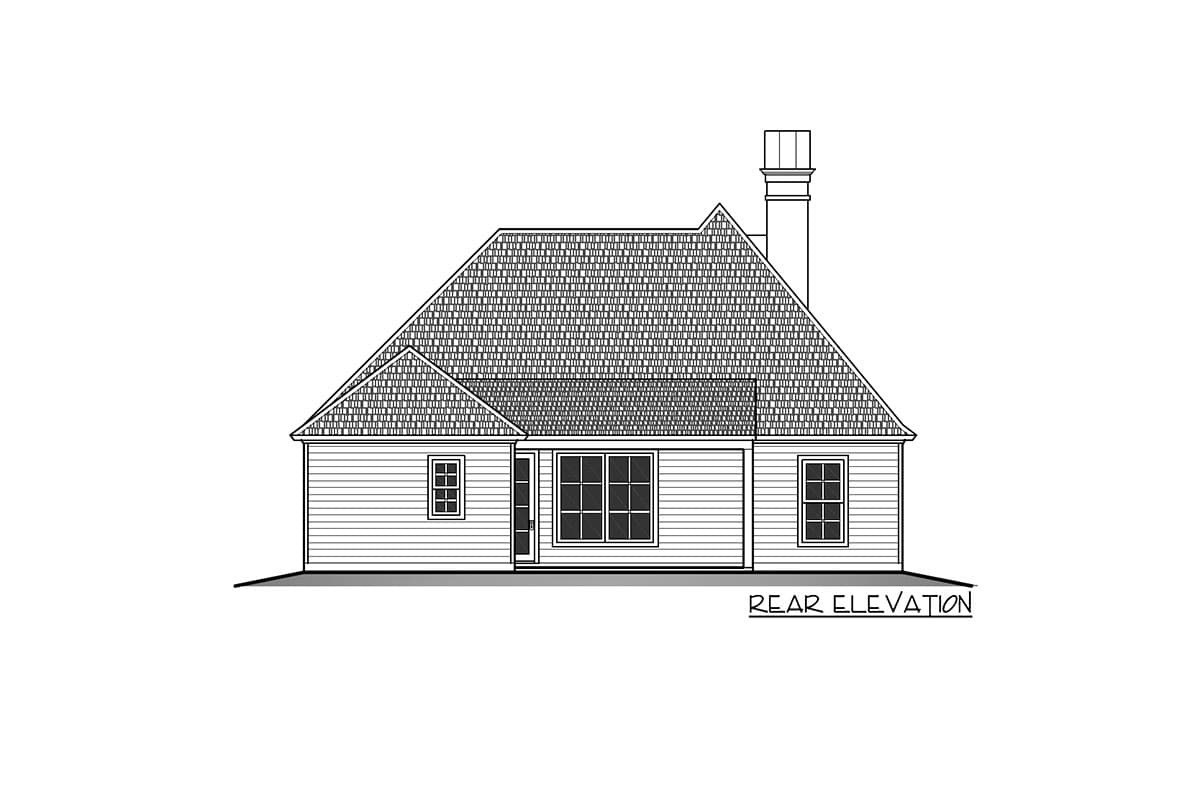 Rear elevation house plan with a prominent hip roof, a central chimney, and multiple windows.