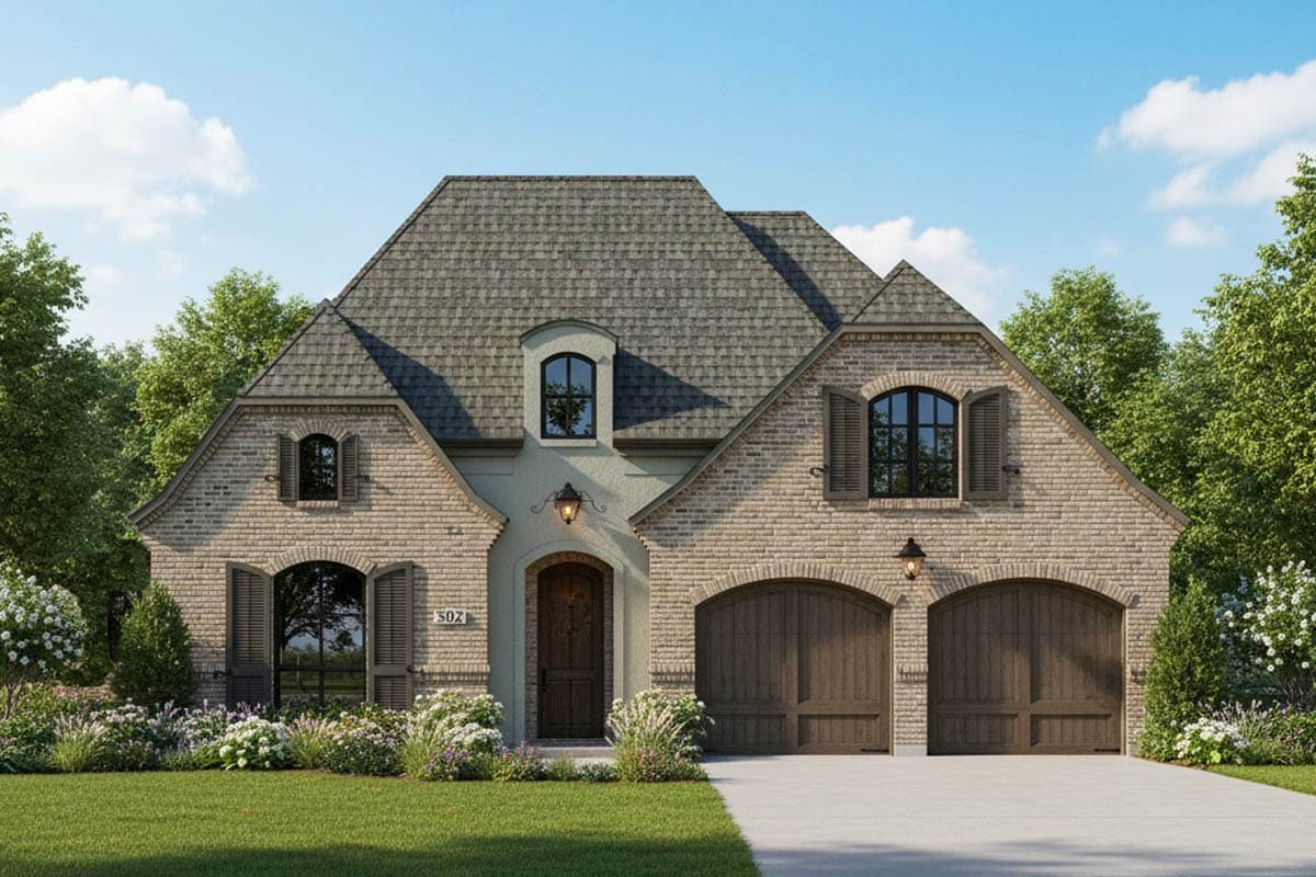 A two-story house with a brick exterior, arched garage doors, and a dark wooden front door under a light blue sky with fluffy clouds.
