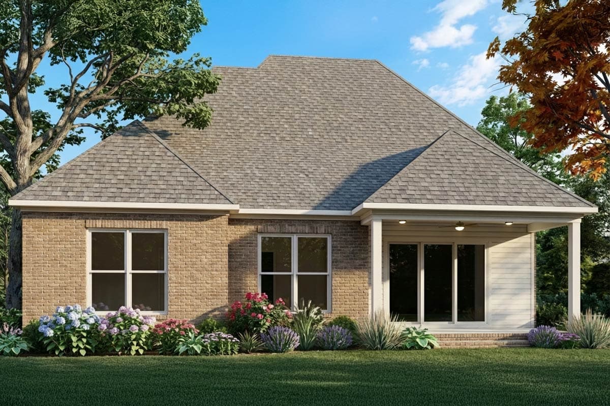 A house with a brick facade and a gray shingled roof, has a porch with sliding glass doors, surrounded by green grass and colorful flowers.