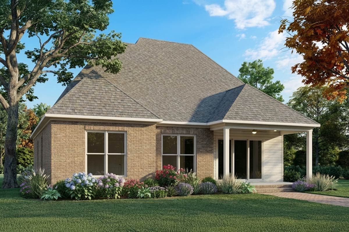A house with a brick facade and a gray shingle roof. The house has large windows and a covered porch. Landscaping includes green lawn and flowerbeds.