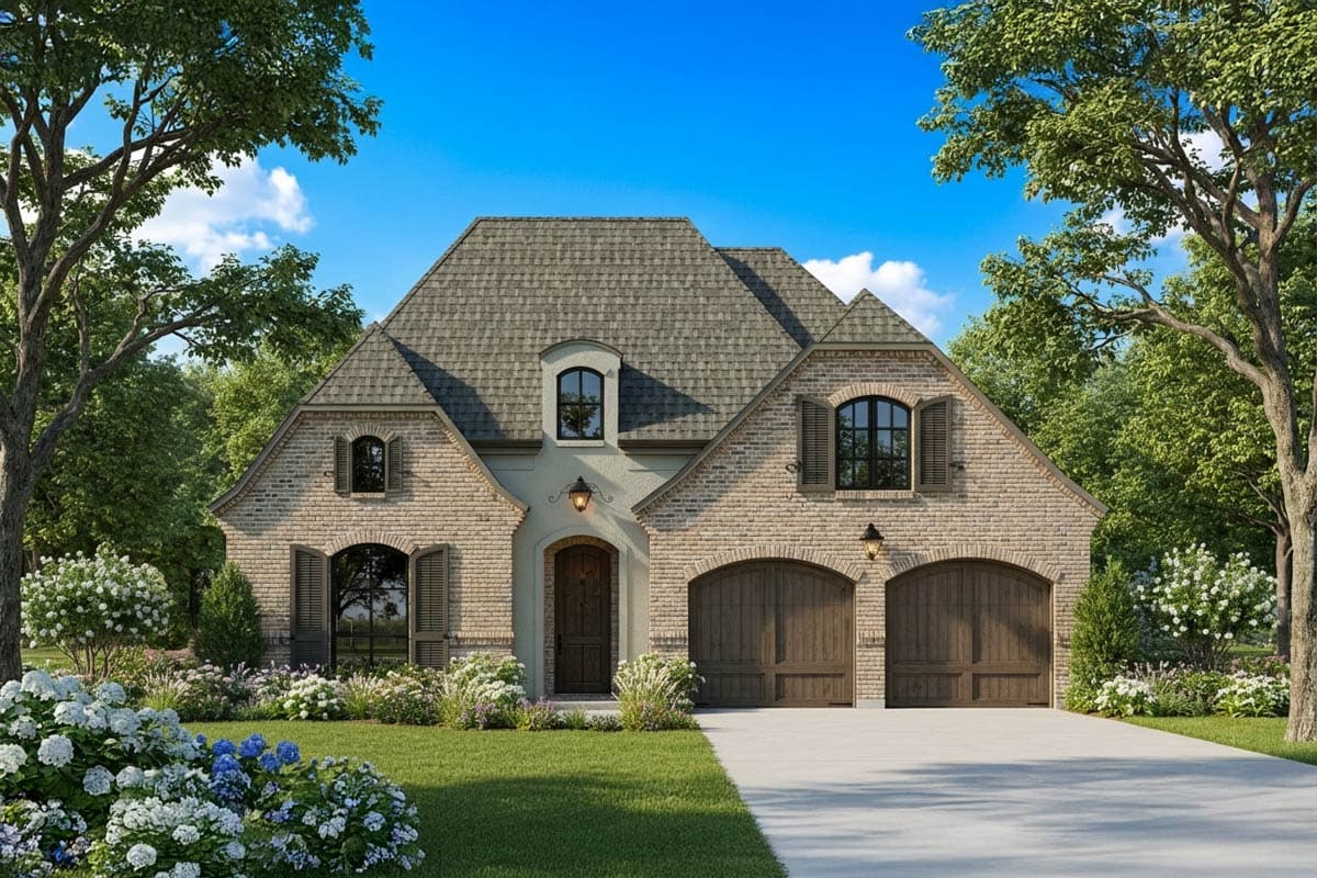 A two-story brick house with arched garage doors and a grey roof. Landscaping includes trees, bushes, and flowers with a clear blue sky background.
