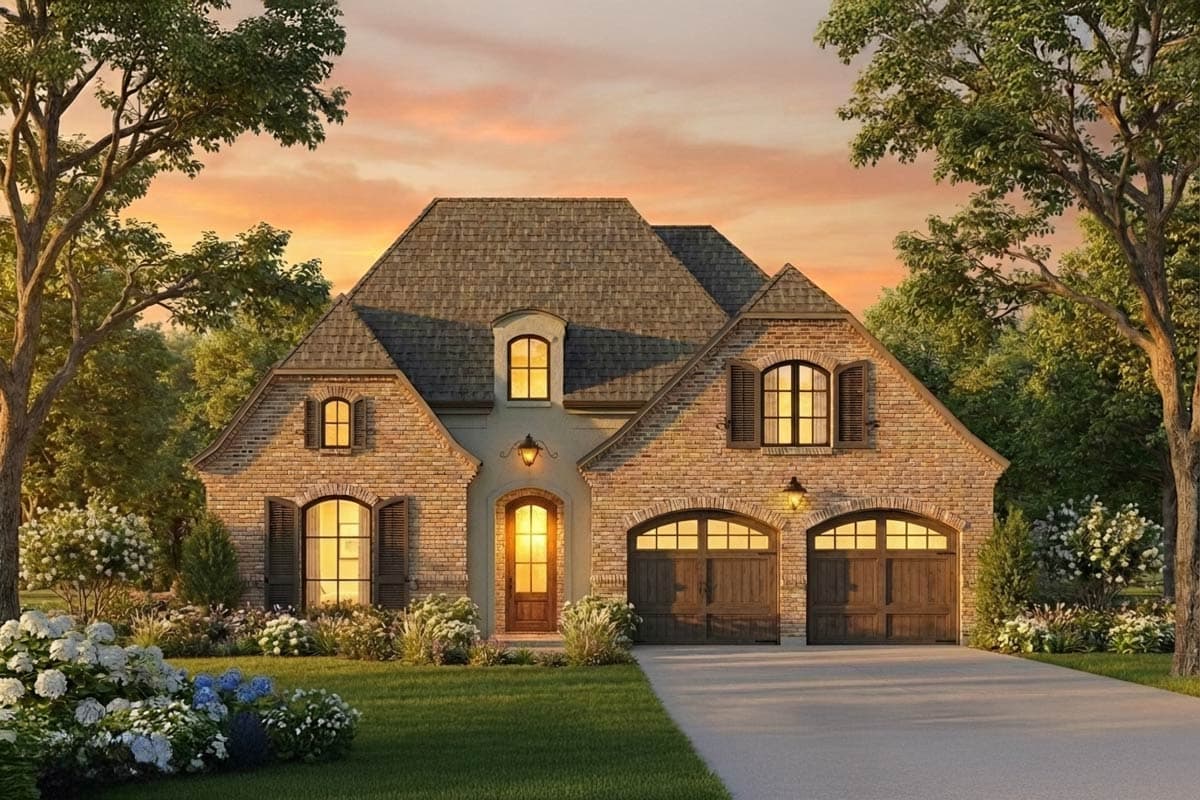 A brick house with a brown roof and shutters, framed by large trees against a warm sunset. Lush landscaping surrounds the home with a two-car garage.