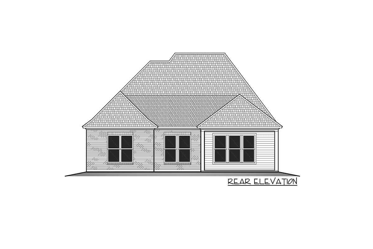 A rear elevation architectural drawing of a house. The house features a brick exterior and a large roof. Several windows are visible.
