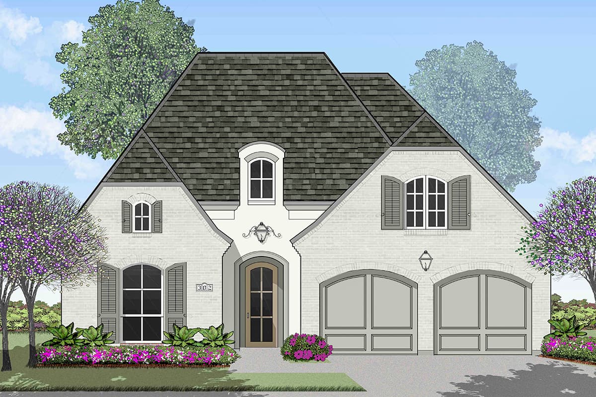 A detailed illustration of a two-story home with a light brick exterior, a dark gray roof, and a symmetrical design. Landscaping surrounds the house.