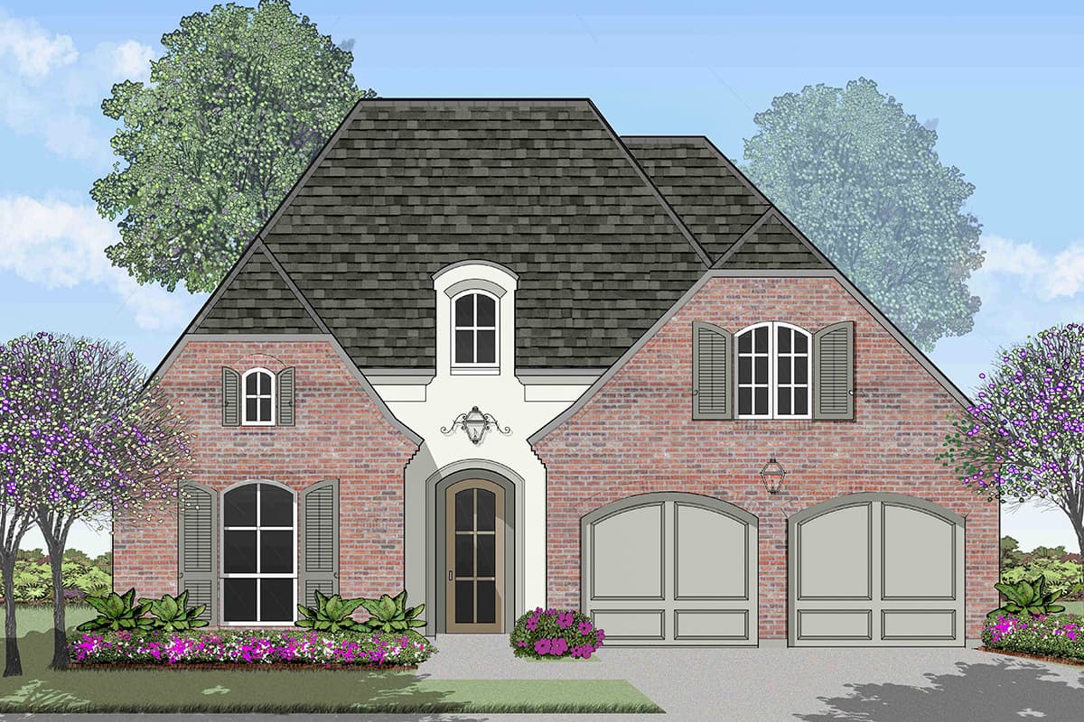 Architectural rendering of a brick house with a dark gray roof. The home features arched garage doors, decorative shutters, and manicured landscaping.