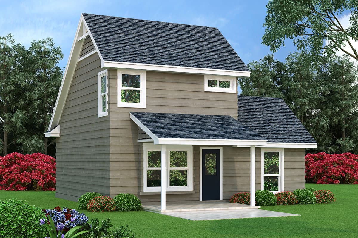 House plan exterior of a two-story home with a prominent gable, covered porch, and horizontal siding.