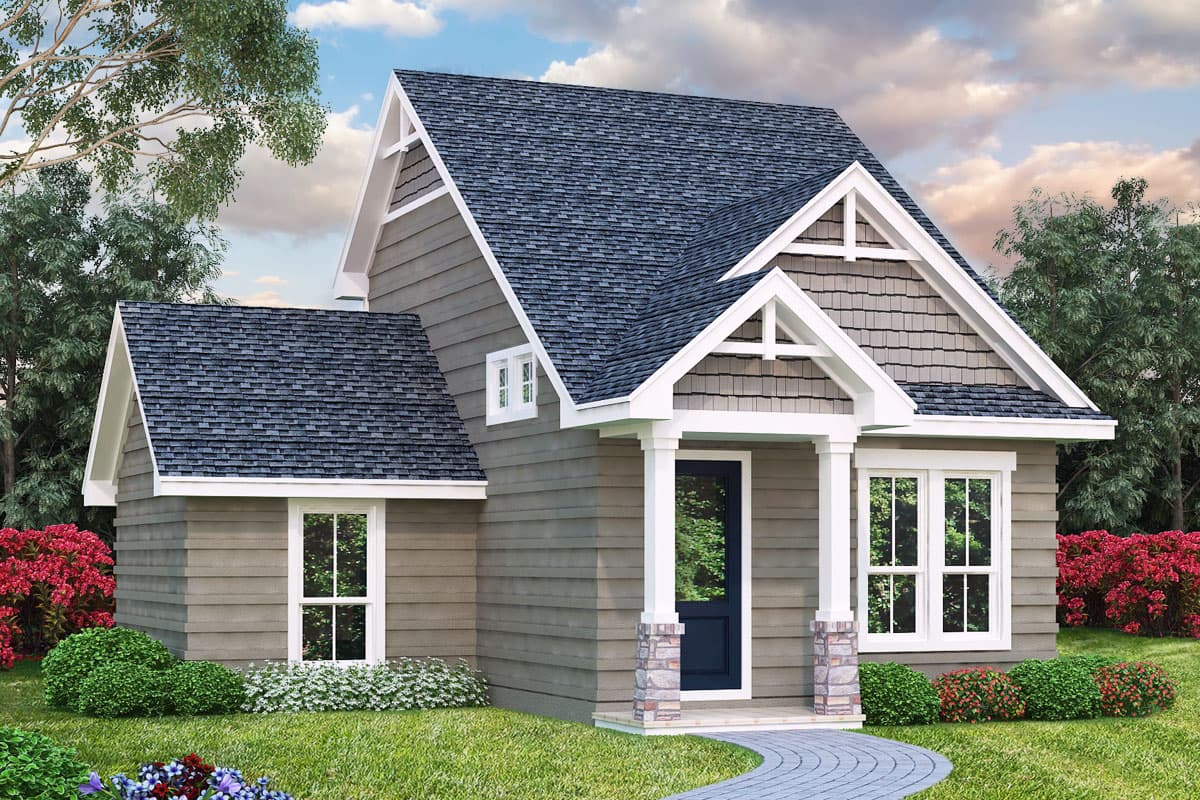House plan exterior. Craftsman style, one story. Features include gabled roof, front porch with stone columns, and decorative gable brackets.