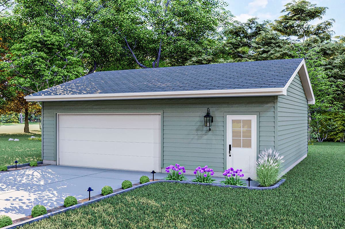 Two-car garage exterior with horizontal siding, a white roll-up door, and a side entry door.