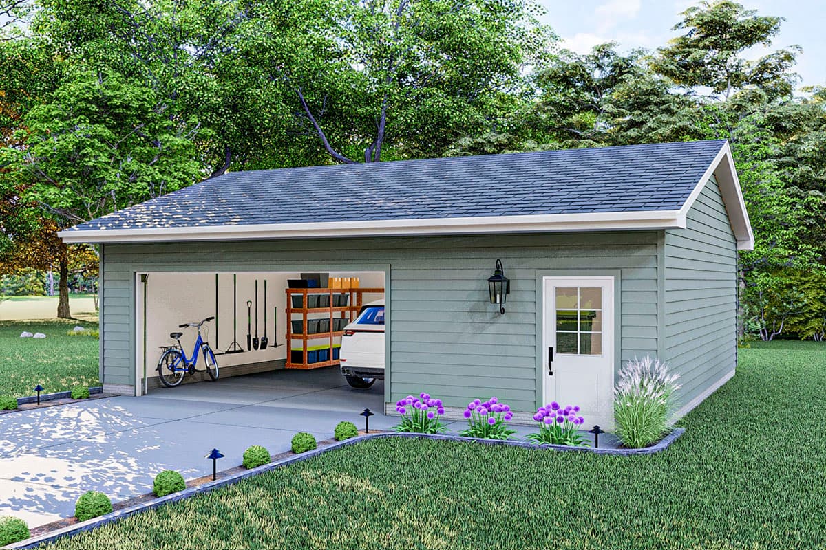 House plan exterior. One-story garage with a gabled roof, a single door, and a roll-up garage door opening to the driveway.