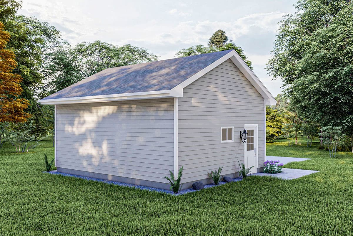 House plan exterior with light gray siding, gable roof, one window, and a front door with glass panes.