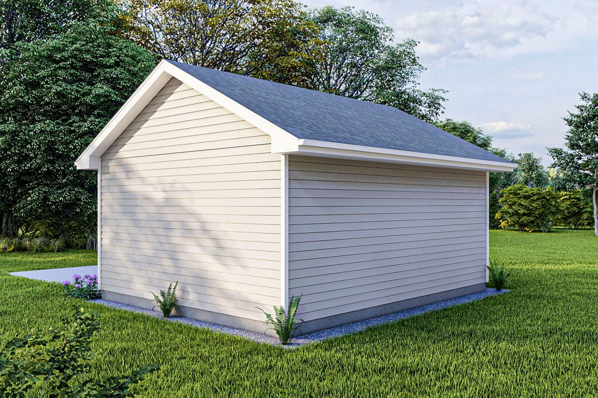 House plan exterior, simple gable roof, horizontal siding, and a concrete foundation.