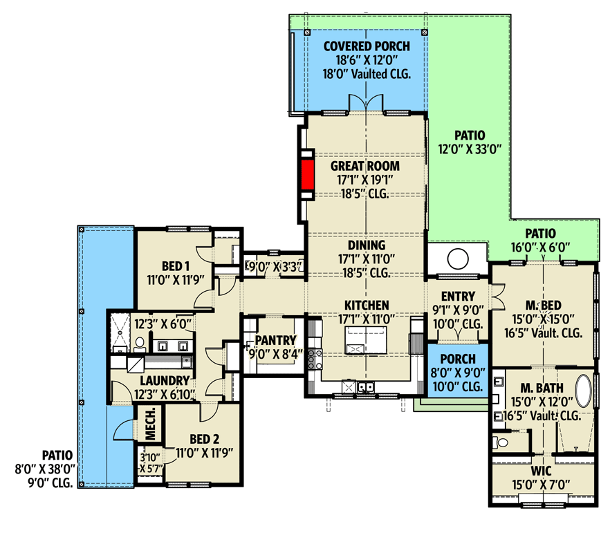 Plan 280181JWD: Rustic Ranch Plan with Ample Outdoor Living Space - Floor Plan - Main Level - Country, Craftsman, Ranch, Vacation