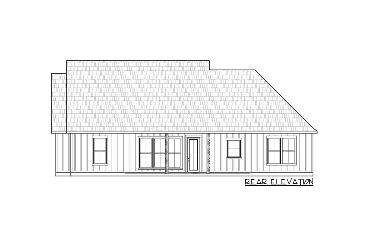 Rear elevation drawing of a house plan featuring vertical siding, a multi-level roof, and multiple windows.