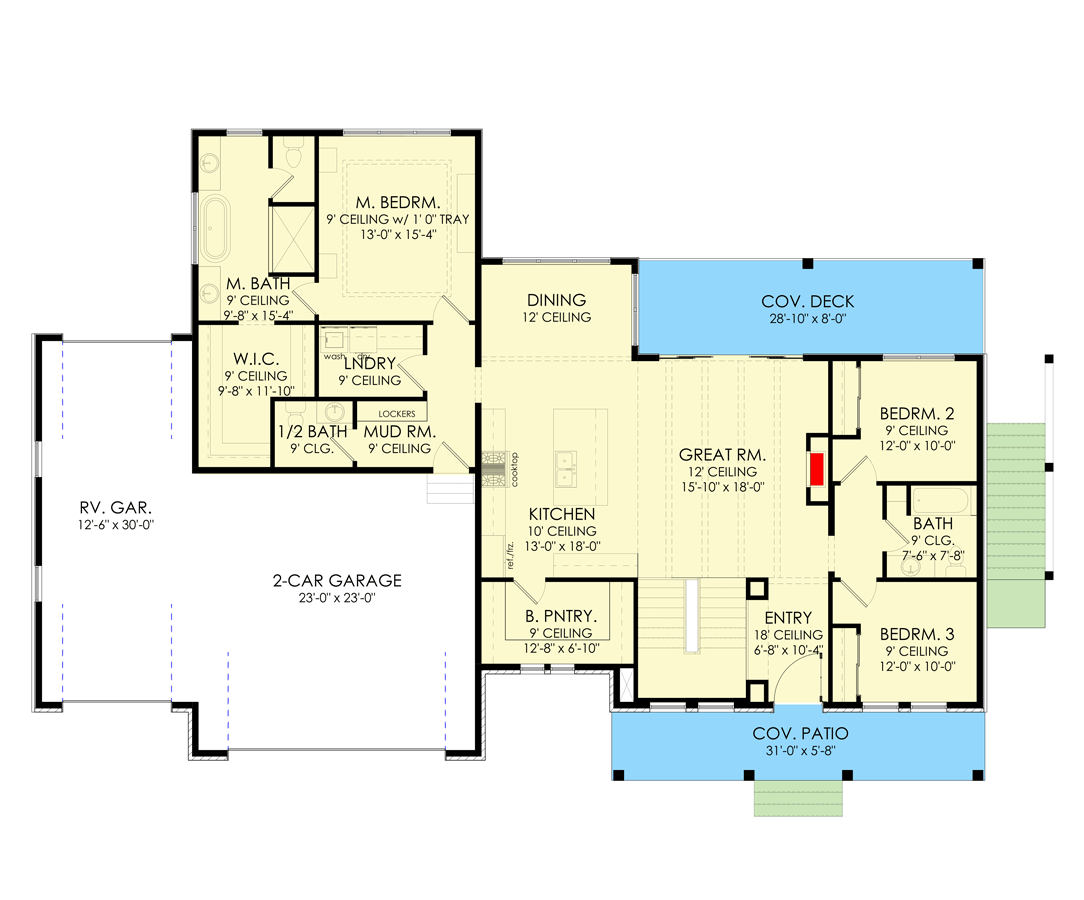 Plan 490032NAH: 3-Bedroom Farmhouse Plan with RV Garage and Optionally Finished Basement - Floor Plan - Main Level - Country, Farmhouse, Modern Farmhouse, New American, Ranch