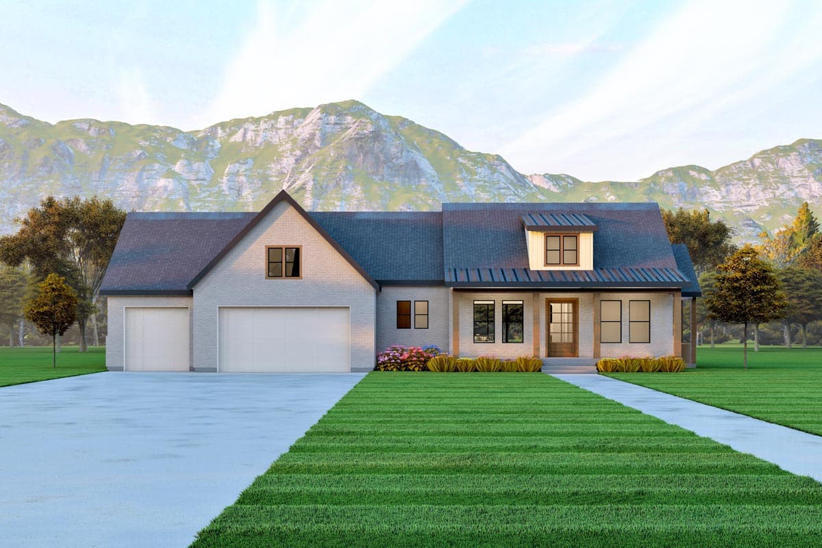 House plan exterior. Modern farmhouse style with gabled roof, dormer, and front porch. Features an attached two-car garage.