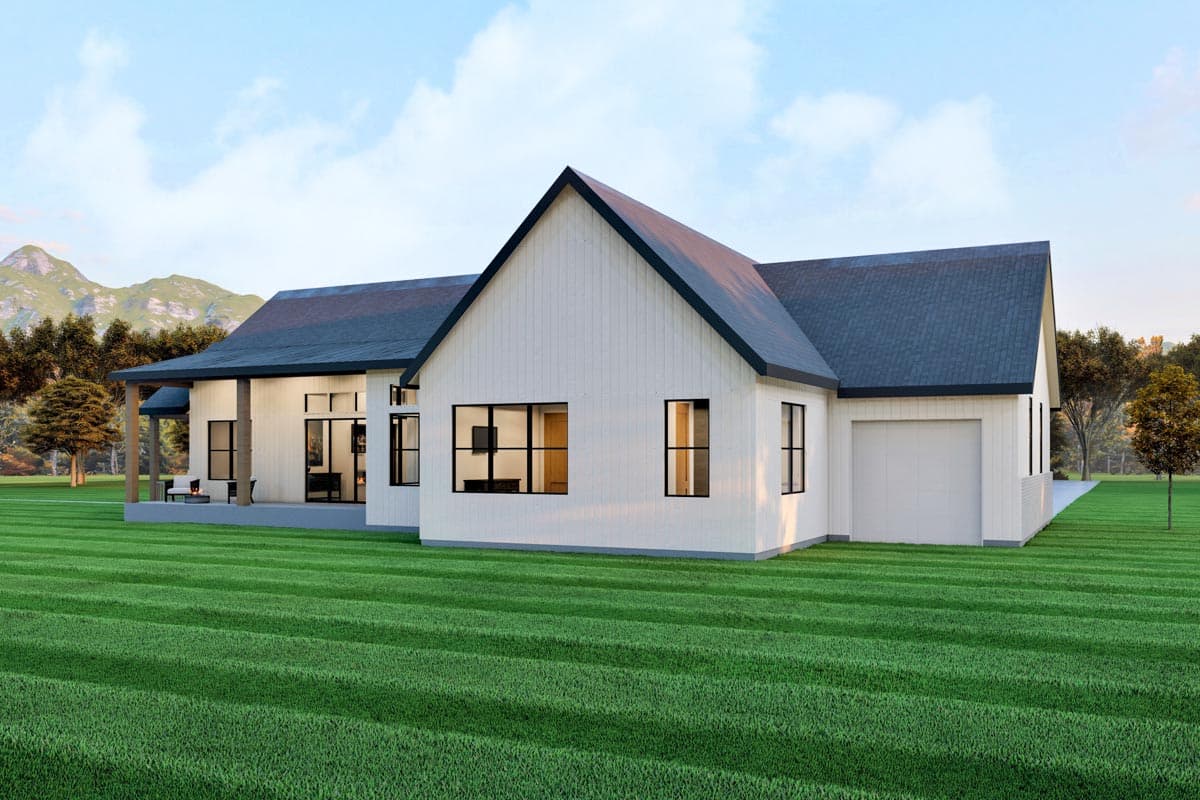 Modern Farmhouse house plan exterior: one-story, white board-and-batten siding, gabled roof, covered porch, and attached garage.