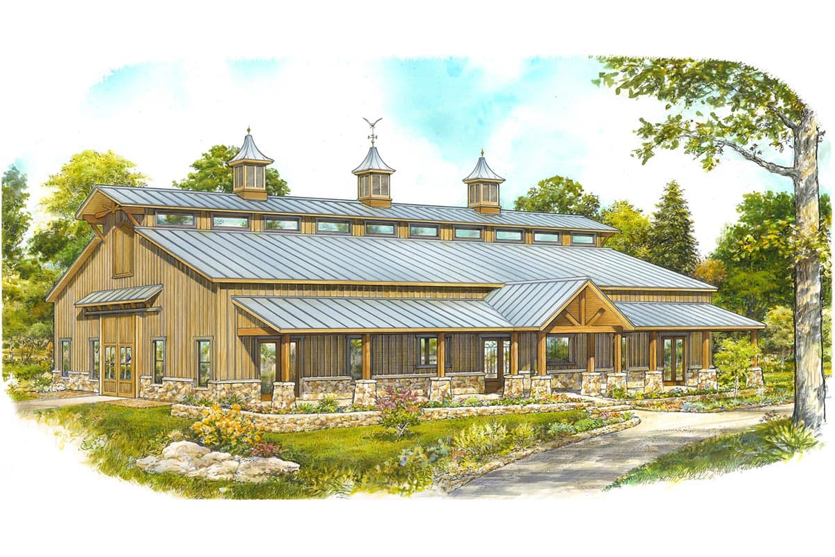 House plan exterior with board and batten siding, metal roof, and covered porch. Features three cupolas and a stone foundation.