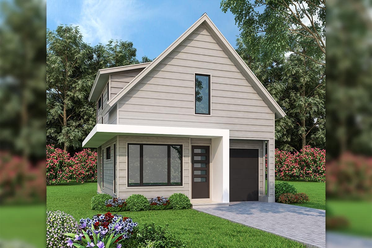 House plan exterior view, two-story modern house. Features include a gabled roof, rectangular window, and attached garage with a flat roof porch.