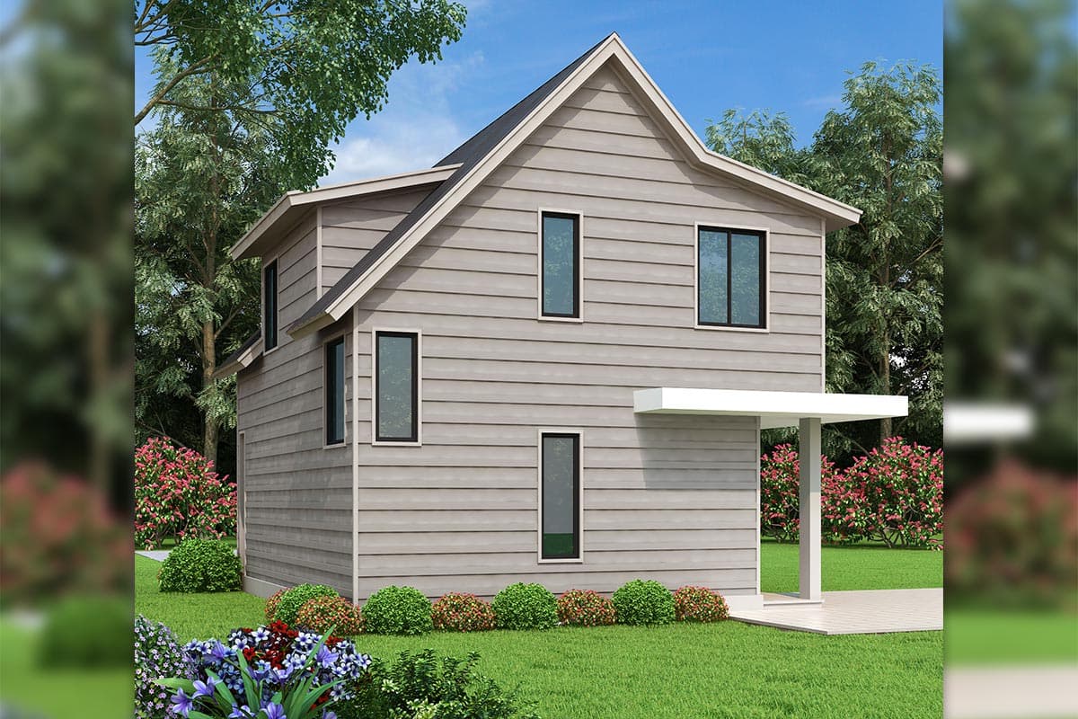House plan exterior view of a two-story home with horizontal siding, a prominent gable roof, and a modern covered entry.