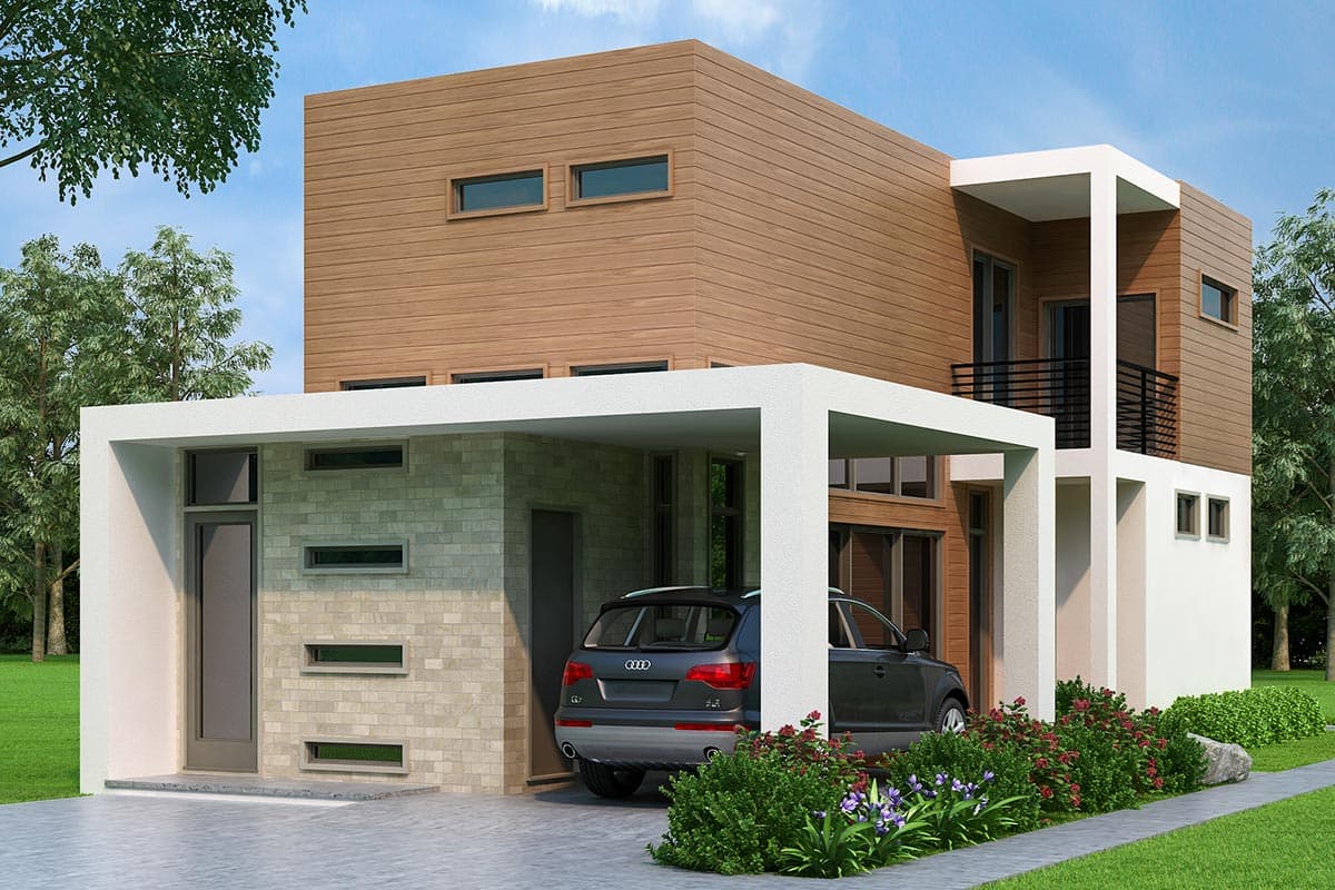 House plan exterior. Modern two-story home with carport, wood siding, and cantilevered balcony. Features include rectangular windows and a flat roof.