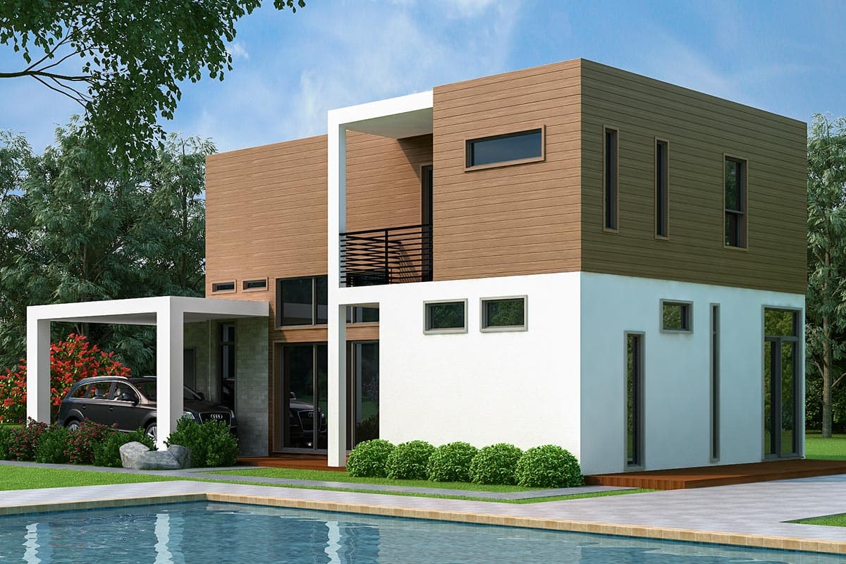 Modern house plan exterior, two stories, wood siding, white stucco, carport, and balcony.